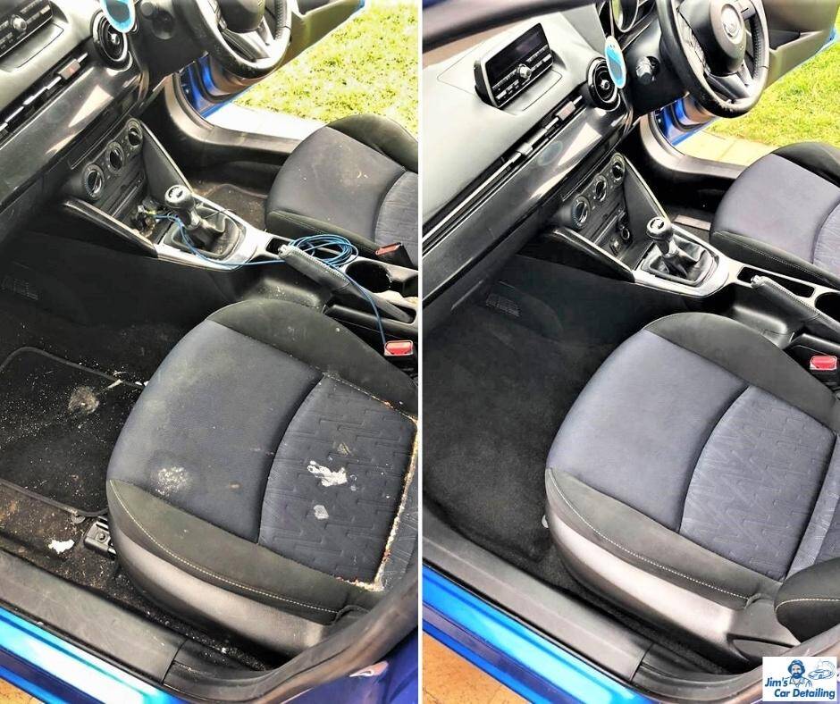 illustration d'un avant après d'un nettoyage à la vapeur de siège auto très sale